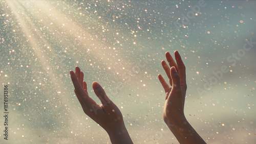 suncovered hands express thankfulness, gentle sunlight highlights thankful gestures in tranquil air