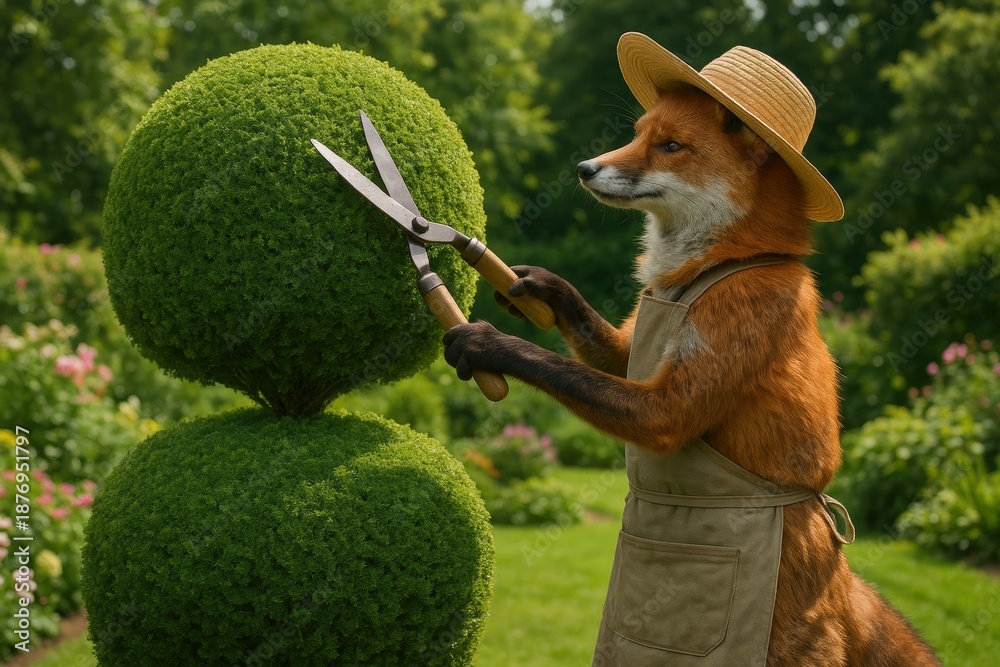 Fototapeta premium Anthropomorphic Fox Gardening with Shears in Lush Garden
