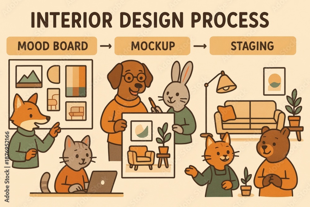 Fototapeta premium Cute Animal Characters Illustrate Interior Design Process Steps