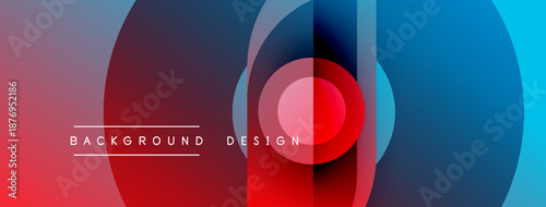 Abstract colorful background. Overlapping circles create dynamic visual effect. Red, blue, purple hues dominate composition. Modern design element.