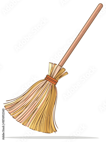 Witch's magic flying broomstick with a wooden handle vector cartoon style illustration for Halloween