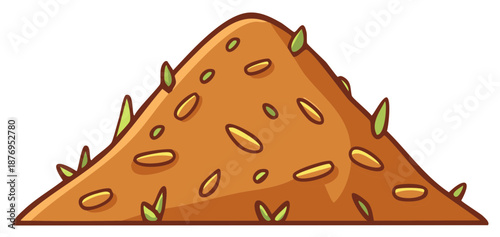 Cute brown dirt pile with emerging green shoots and seeds, cartoon style illustration
