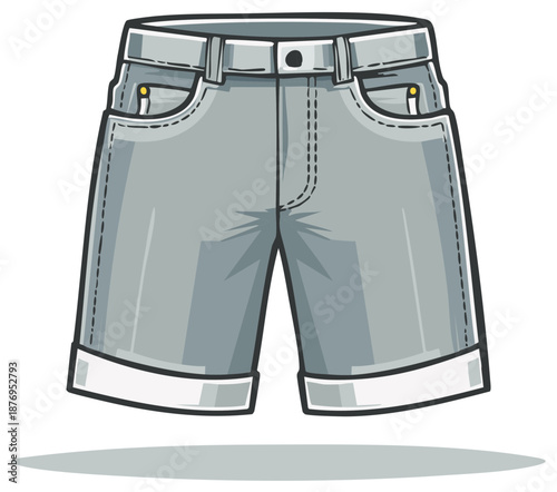 Gray denim shorts with white cuffs and a belt in a cartoon style illustrating modern casual wear apparel and fashion items