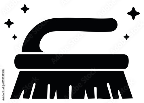 Black Scrub Brush Icon Symbolizing Cleaning with Handle and Glittering Stars