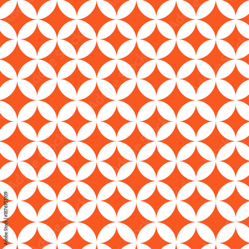 Abstract geometric pattern with interlocking circles and diamond shapes in orange and white, creating a visually engaging and symmetrical design, flat vector illustration