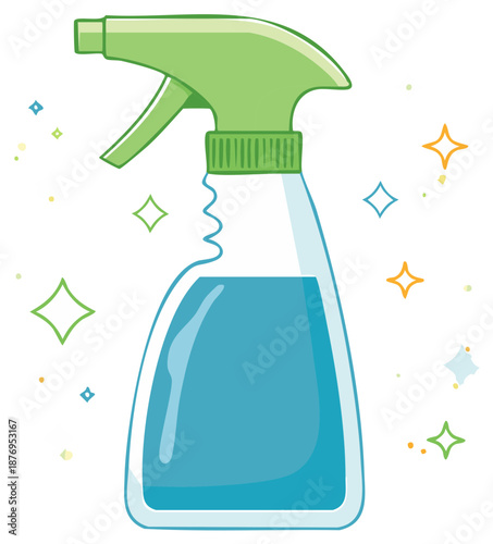 Green trigger spray bottle with blue liquid and sparkling stars illustration