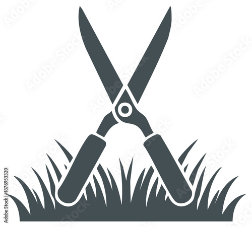 Gardening shears cutting grass. Vector illustration of grass clippers.  Gardening tools for a green landscape.
