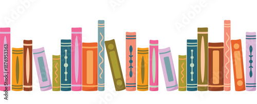 Seamless border with colorful books arranged spine‑out. Horizontal pattern with row of bright library elements