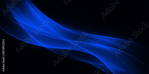 Abstract blue smoke flows in a smooth wave pattern creating a curved motion effect with swirling light and color on a black texture backdrop