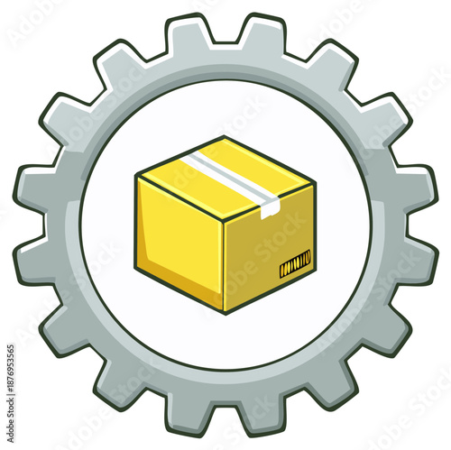 Logistics cardboard package box inside mechanical gear cogwheel process symbol