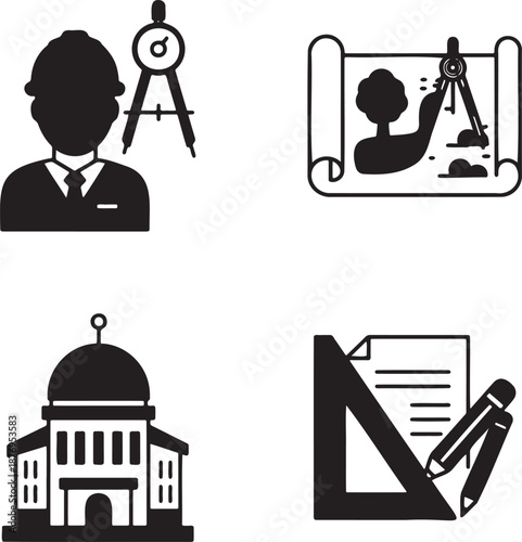 Set of four black and white flat icons representing architectural concepts engineer with compass blueprint with person silhouette classical building and drafting tools with paper