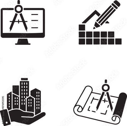 Collection of four black silhouette vector icons representing architecture construction and real estate development including a monitor with drafting tools a hand drawing building