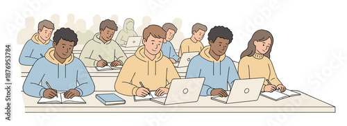 Students in lecture hall taking notes with laptops