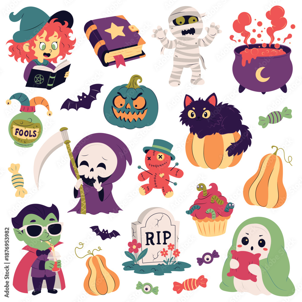 Fototapeta premium Big Halloween Cartoon Character and Element Collection