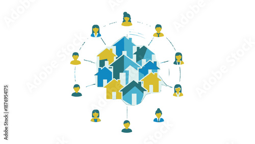 Community Network Illustration with Houses and People Icons.