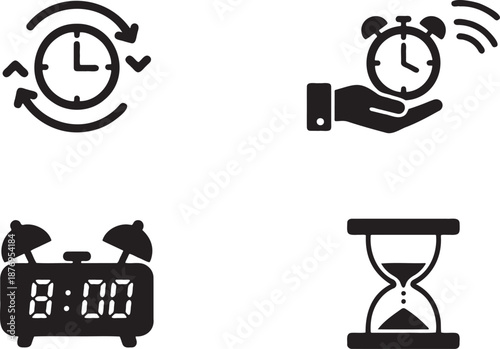 Collection of four diverse time related icons circular clock with rotation arrows hand holding ringing alarm clock digital alarm clock displaying 8 00 and hourglass