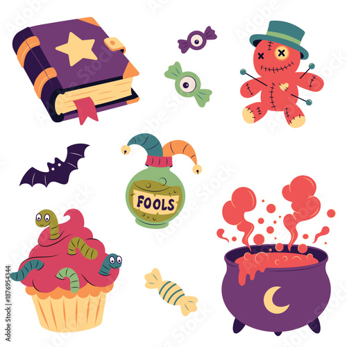 Funny Halloween Magic Element Set: Grimoire, Voodoo Doll, Cupcake with Worms, and Cauldron.