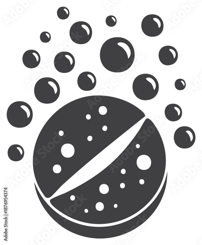 Effervescent dissolving medication tablet with many rising bubbles graphic illustration