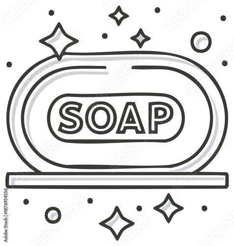 Clean bar of soap with sparkling stars and bubbles artistic doodle illustration