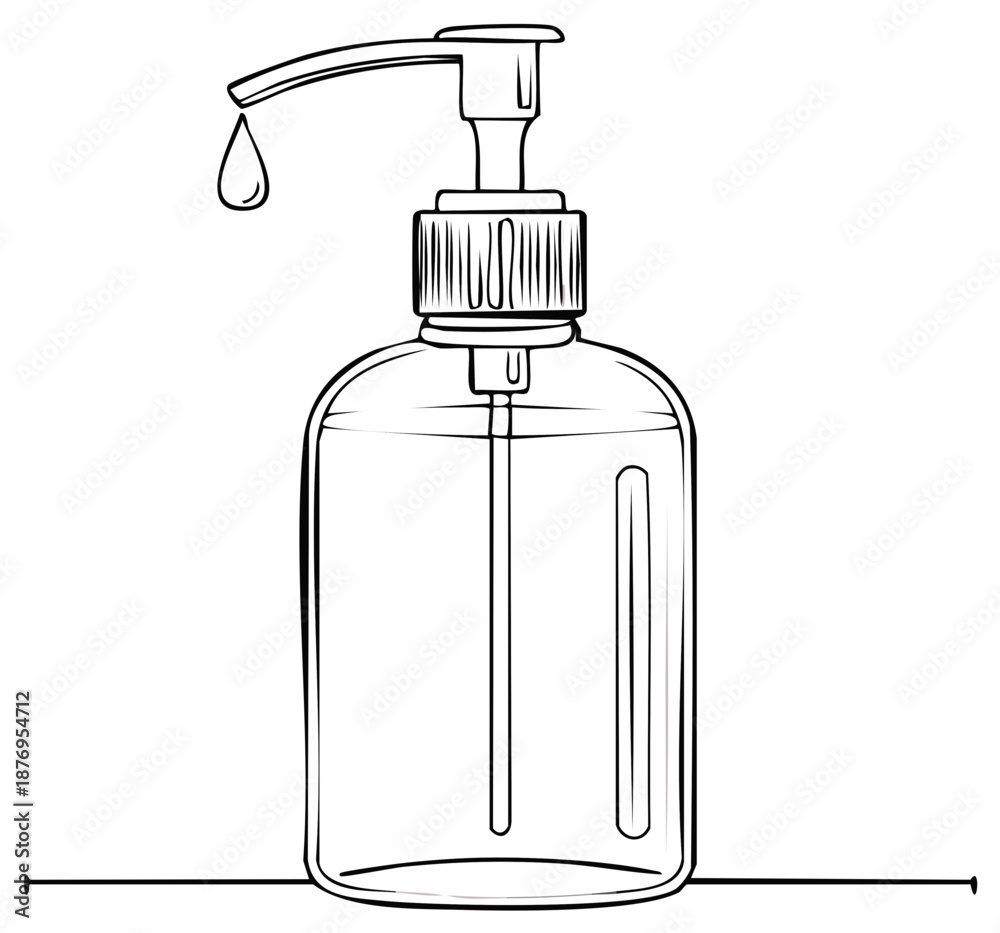 Obraz premium Outline drawing of a hand sanitizer bottle with a drop of liquid