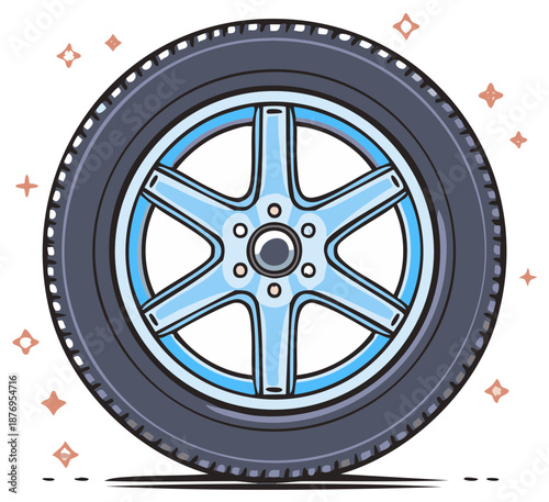 Cartoon wheel with a light blue rim, showing wear and sparkles, suggesting movement and style, perfect for automotive or playful themed designs.