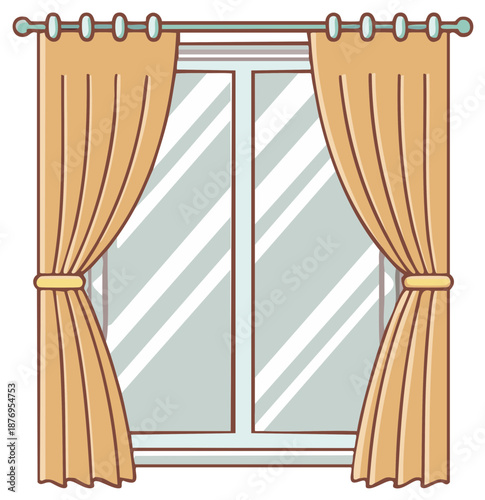 Simple cartoon illustration of a window with yellow curtains tied back on a rod.