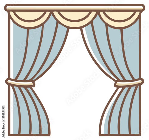 Open light blue stage curtains with decorative valance and tie backs