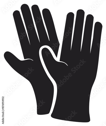 A pair of black protective work gloves in a simple icon silhouette vector illustration