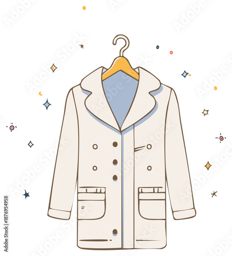 Cute cartoon illustration of a clean white lab coat or doctor uniform on a hanger sparkling with freshness