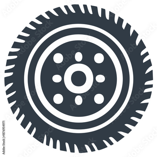 Monochrome vehicle tire and rim icon with rugged tread pattern ideal for transport automotive design and industrial uses