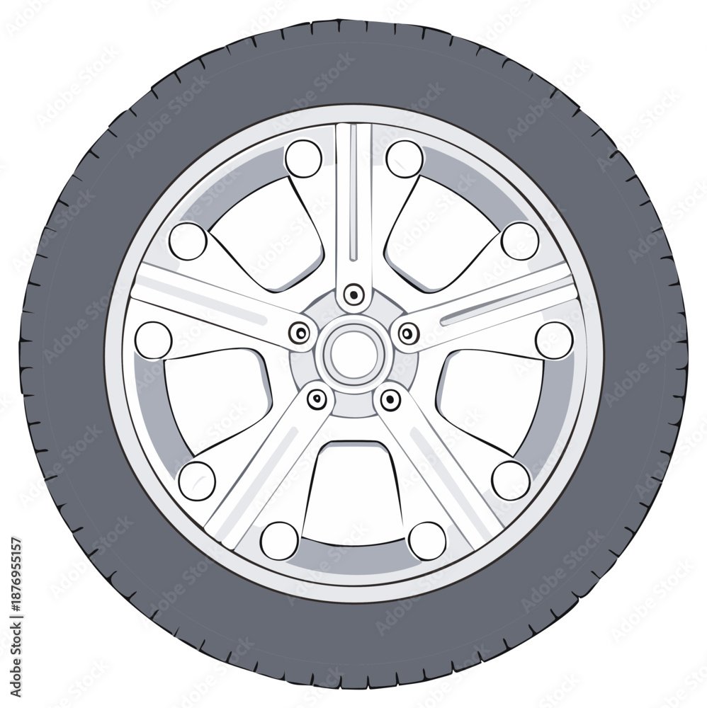 Obraz premium Modern Automobile Wheel Illustration featuring a Dark Tire and Shiny Metallic Rim Design Element