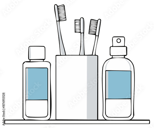 Bathroom Shelf Still Life with Toothbrushes and Toiletries  Oral Hygiene Items