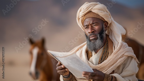 The Ethiopian eunuch reading the Isaiah scroll in his ornate chariot as desert wind lifts the parchment edges, golden jewelry gleaming under sunlight.