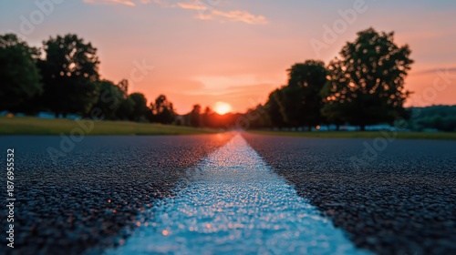 a photo of asphalt road in the park with sunset low angle view, focus on white lines and concrete texture, daylight, taken by canon eos r5 f2 iso100 89mm f/7 --ar 16:9 --profile 8ogi7as zpbnvhg 384kpv