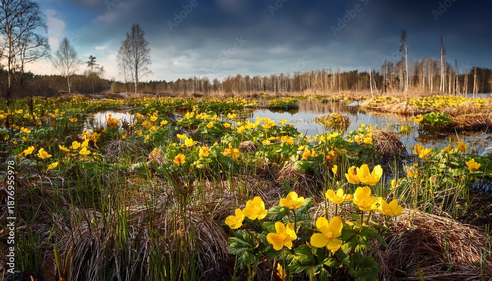 Fototapeta premium Beautiful Yellow Marsh Marigold Flowers Blooming In Wetlands Natural Spring Scenery In Latvia Europe