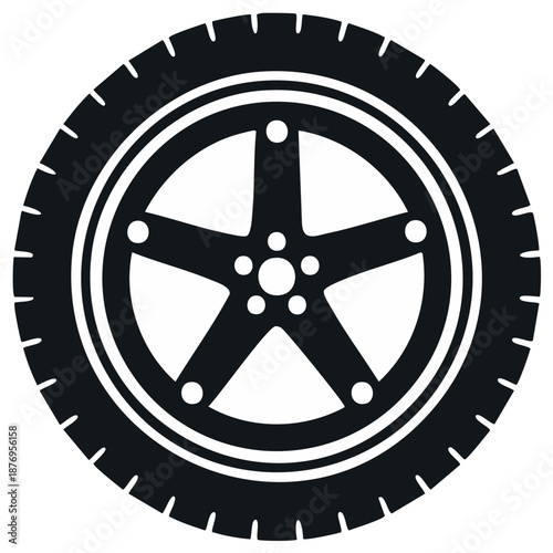 Automotive Tire and Rim - Vector Illustration in Black and White