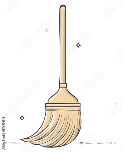 Illustration of a classic cleaning broom with wooden handle for sweeping and tidying up household dirt and dust
