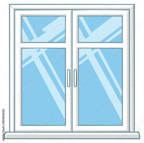 Modern double pane glass door with white frame and blue sky reflection
