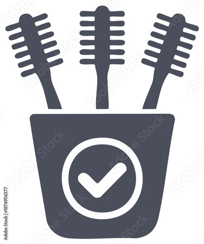 Dental care icon with toothbrushes in a holder and an approval check mark symbol