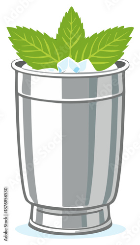 Classic Mint Julep cocktail in a silver cup with ice and fresh mint leaves illustration