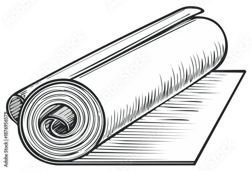 Vintage style black and white illustration of a roll of material like linoleum or fabric