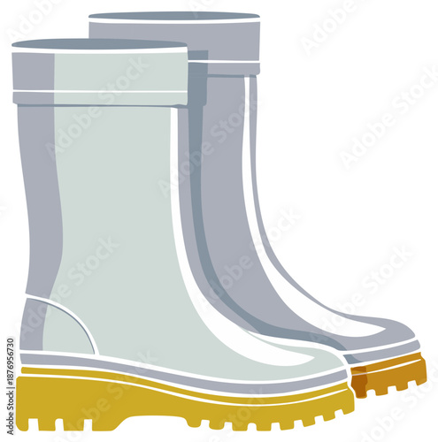 Pair of stylized rain boots with yellow soles and grey shafts