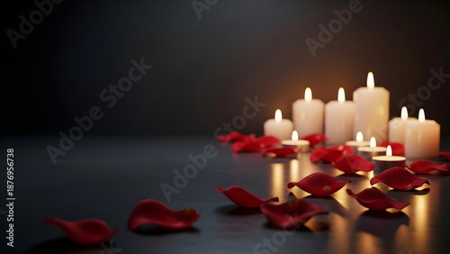 Fotografía Romantic ambiance with lit candles and scattered red rose petals on a dark backg