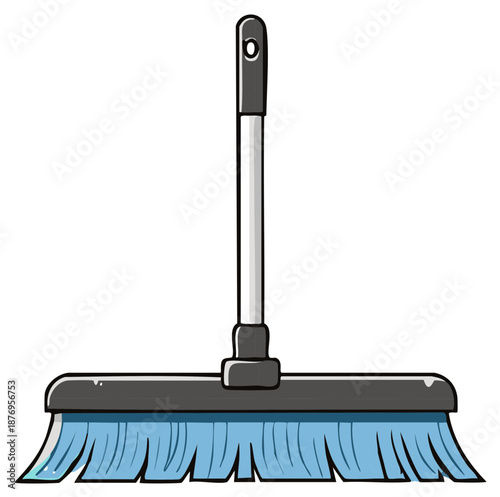 Simple cartoon illustration of a wide push broom with blue plastic bristles for sweeping floors