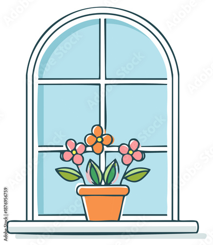 Cartoon illustration of flowers in a pot on a window sill
