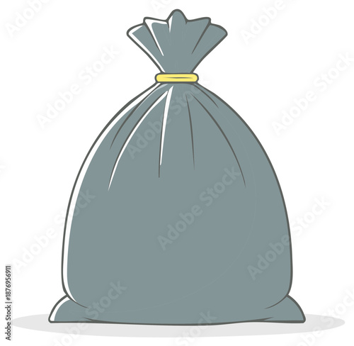 Full Gray Garbage Bag Cartoon Drawing, Waste Disposal Sack, Tied with Yellow Plastic Fastener