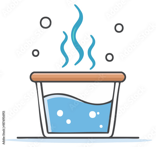 Steaming water in a glass bowl with bubbles. Illustration depicting heat, boiling and steam.