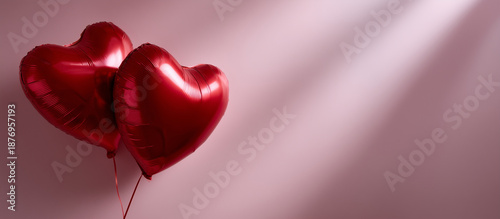 Valentine's Day background featuring two shiny red heart-shaped foil balloons placed on a smooth pink backdrop with large copy space