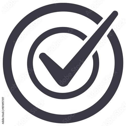 Dark checkmark icon inside concentric circles shows accuracy confirmation and approval vector shape design for graphic use