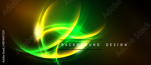 Bright abstract lines create dynamic energy. Vivid green, yellow hues dominate dark background. Modern design element.